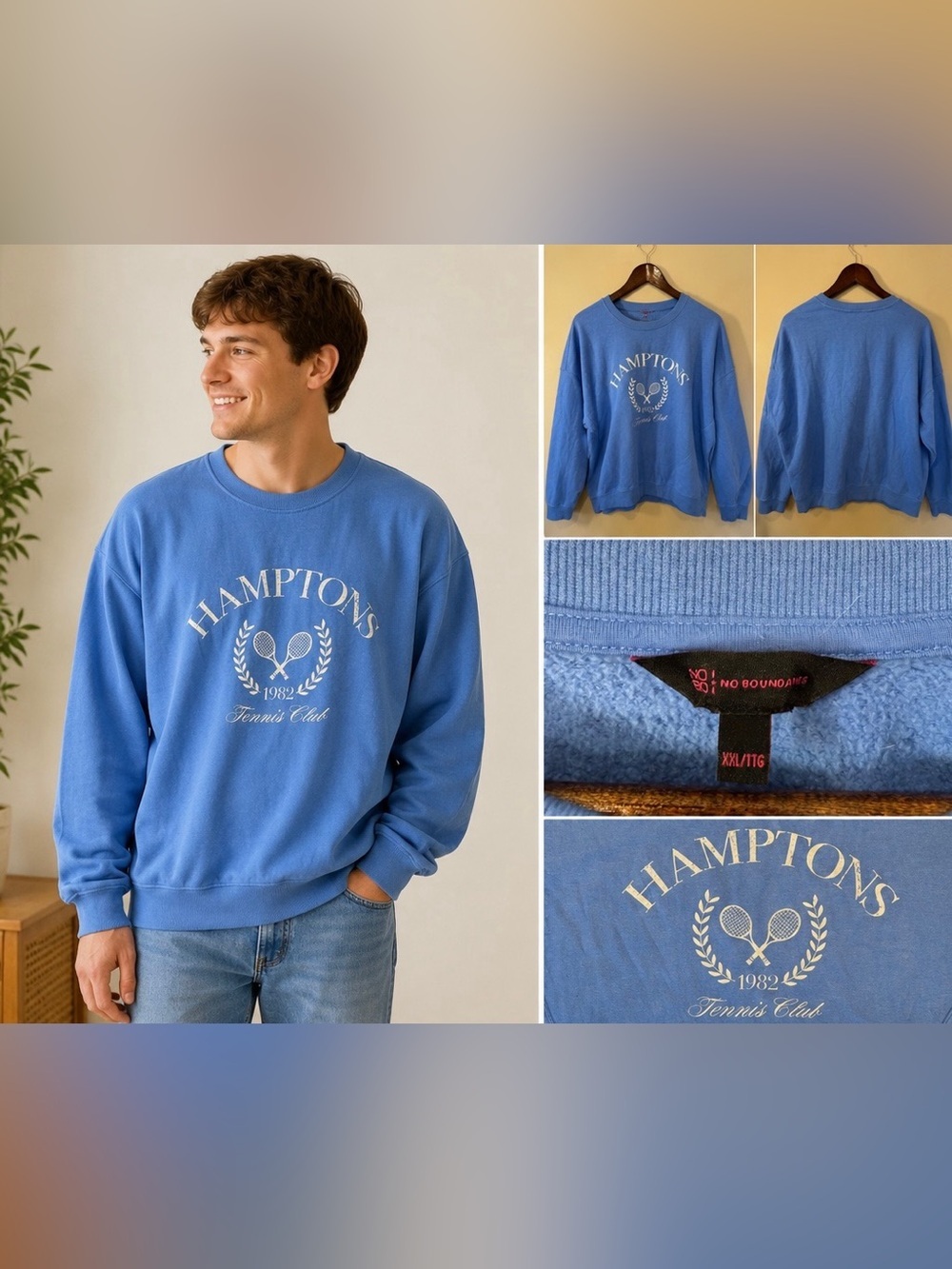 No Boundaries Blue Hamptons Tennis Club Crewneck Sweatshirt - Picture 2 of 7